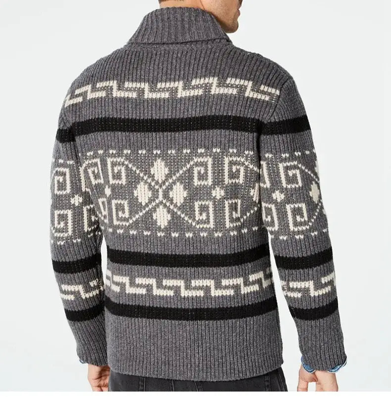 Pull-over cardigan vintage à fermeture éclair géométrique pour homme en maille à motifs gris et noir, avec col montant.