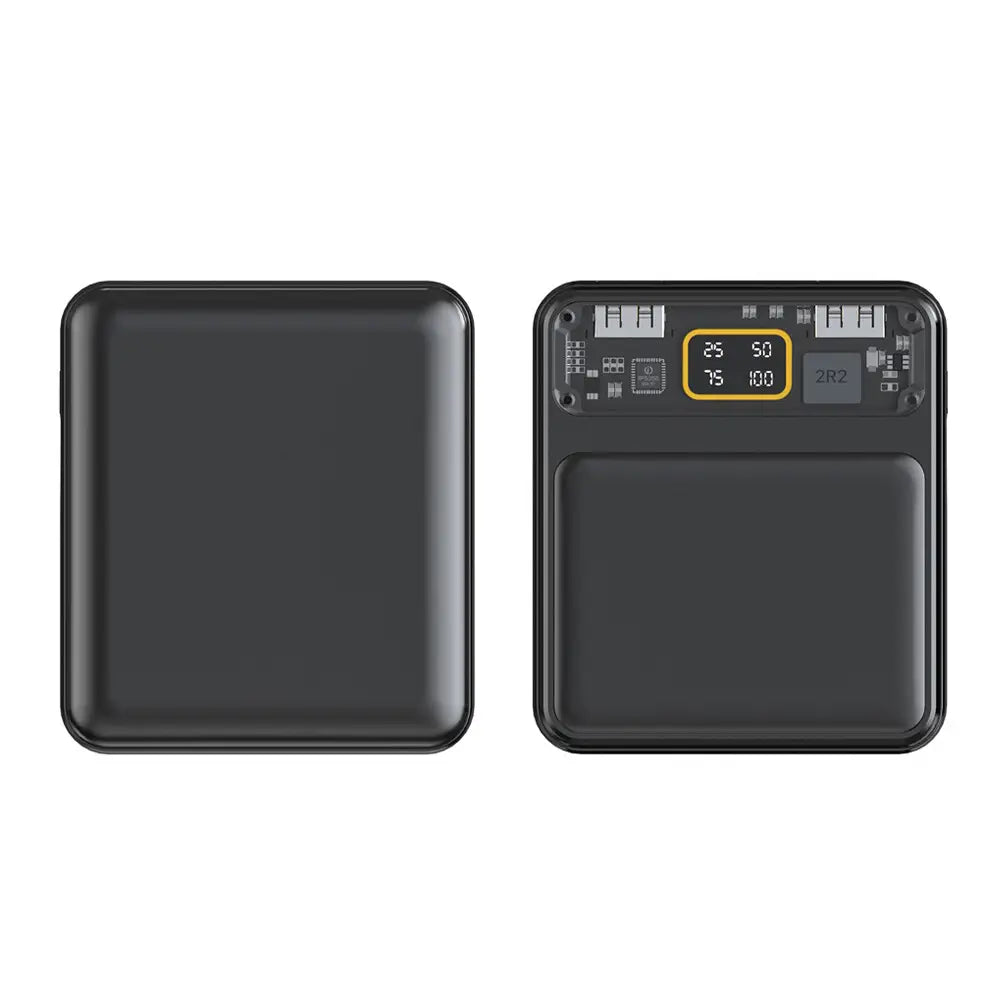 Schwarze rechteckige Powerbank für den mobilen Einsatz mit digitaler Anzeige des Akkustands und hinteren Anschlüssen in einem transparenten DIY-Powerbank-Gehäuse, ausgelegt für drei flache 18650-Akkus, mit sichtbaren Leiterplatten-Komponenten für Mobiltelefone.