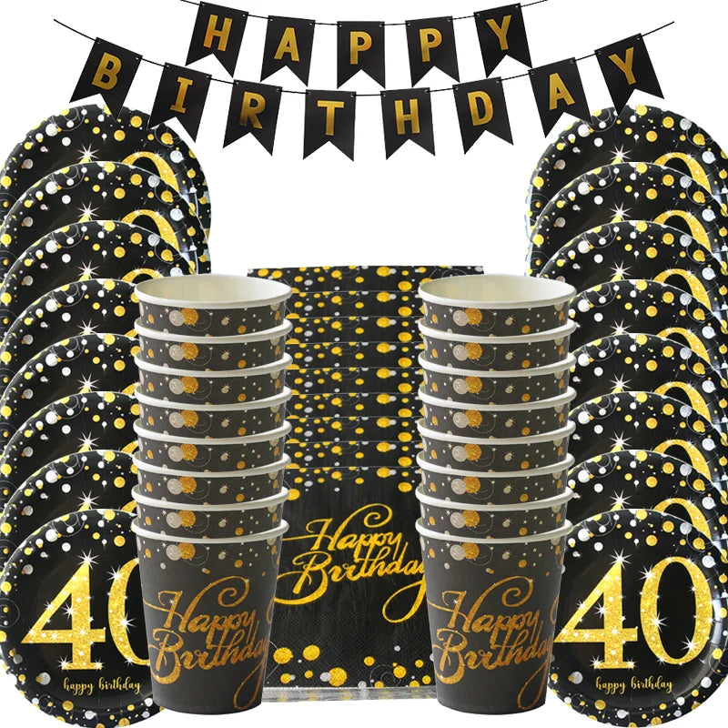 1set 30th 40th 50th 60th Years Old Happy Birthday Disposable Tableware Set Paper Plate Cup Napkin Anniversary Decor Supplies