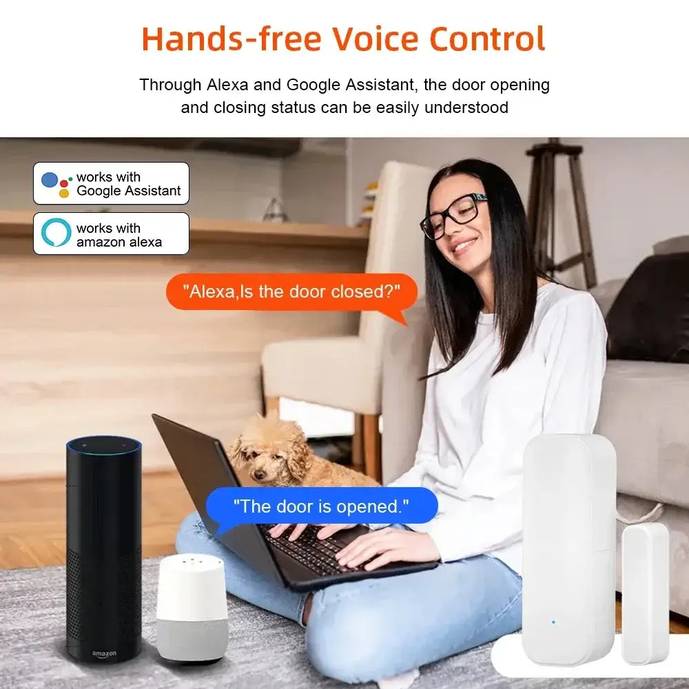 Capteur intelligent de fenêtre de porte blanc à la conception élégante et minimaliste, pour une intégration harmonieuse aux systèmes de domotique modernes, compatible avec Google Assistant et le contrôle des scènes intelligentes.