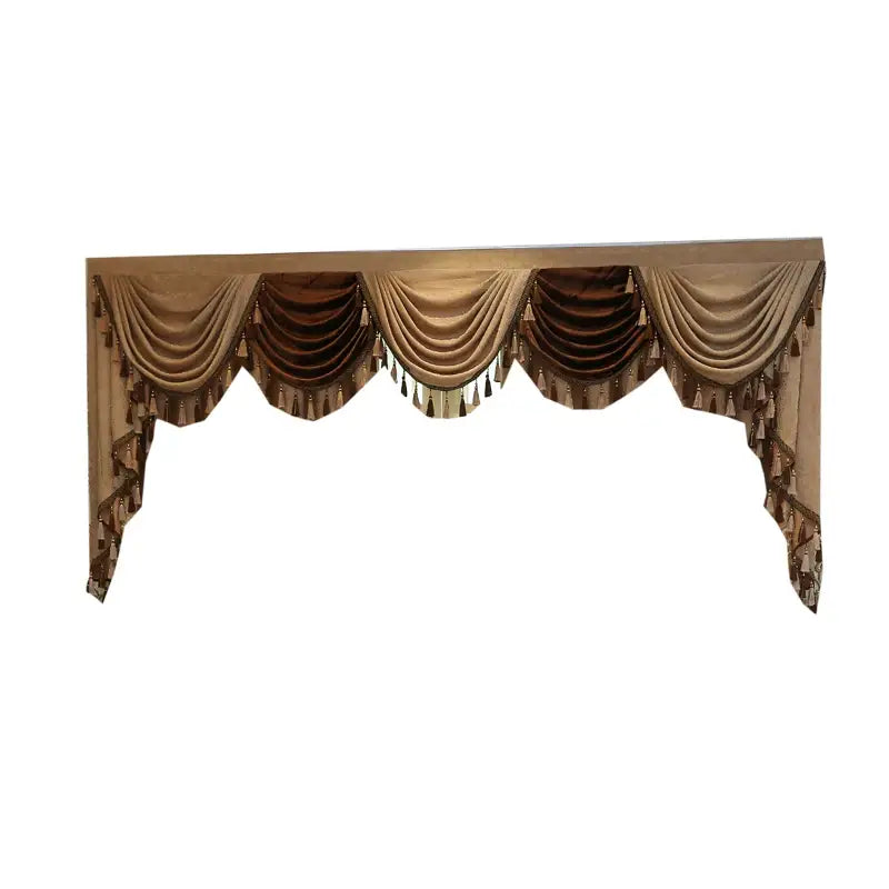 Elegant two-toned embroidered valance curtain in beige and dark brown with draped fabric and decorative tassels along the scalloped edge for french window living room use