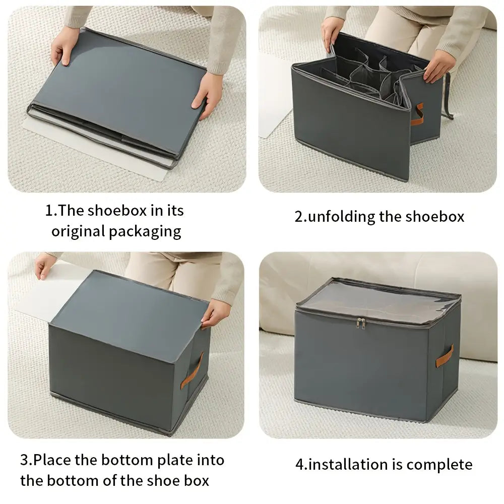 Boîte d’organisateur de rangement pour chaussures en tissu gris avec poignées imitation cuir brun et couvercle zippé transparent en tissu d’oxford pliable, pour un rangement pratique des chaussures.