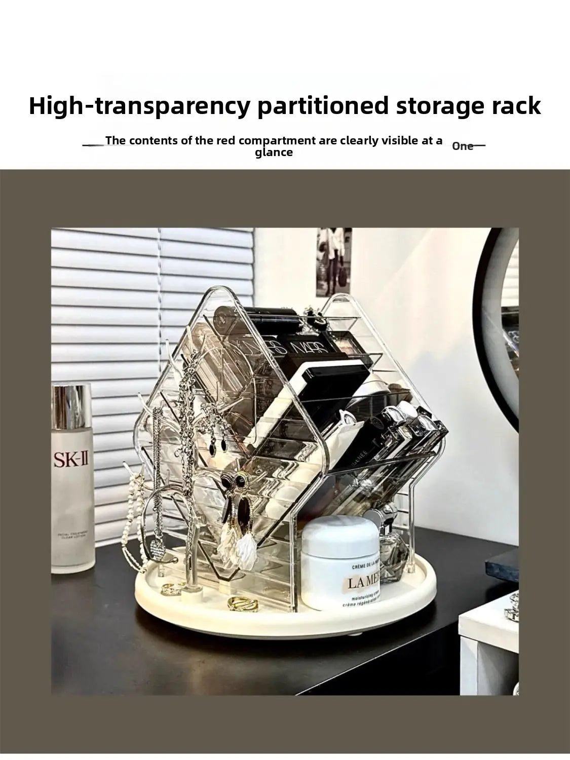 Organisateur de maquillage en acrylique transparent rotatif, doté d’une base rotative et de plusieurs compartiments transparents pour le rangement des bijoux.