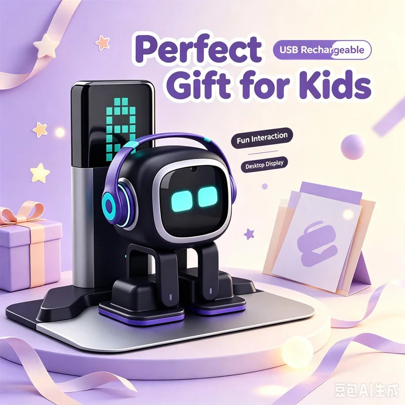 Smart Interactive Desktop Robot Toy with LED Dynamic Expressions, Touch Control, Dance Music & Charging Dock, USB Rechargeable