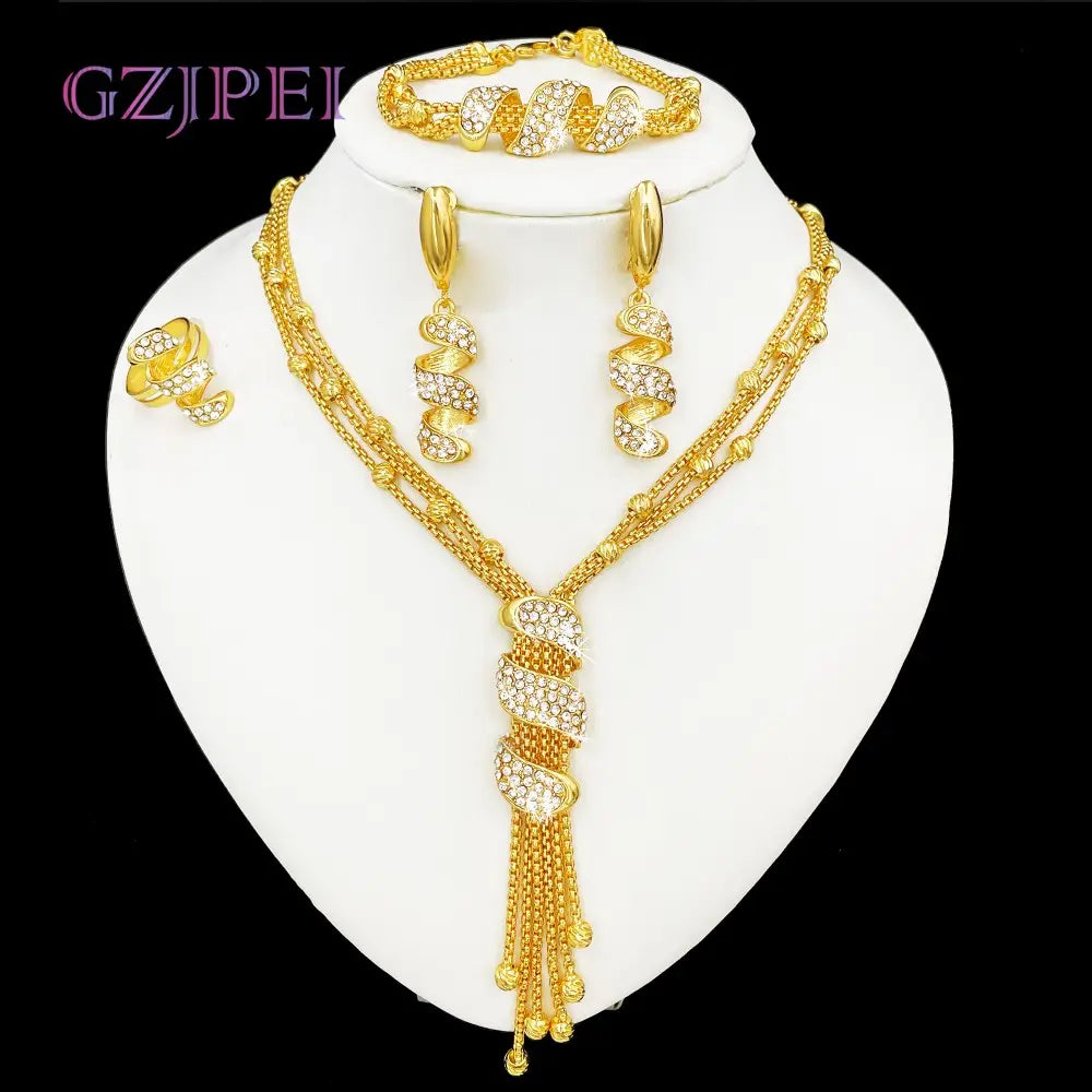 Goldquasten-Schmuckset für Damen mit goldtönigen, verdrehten Designs, verziert mit funkelnden klaren Kristallen