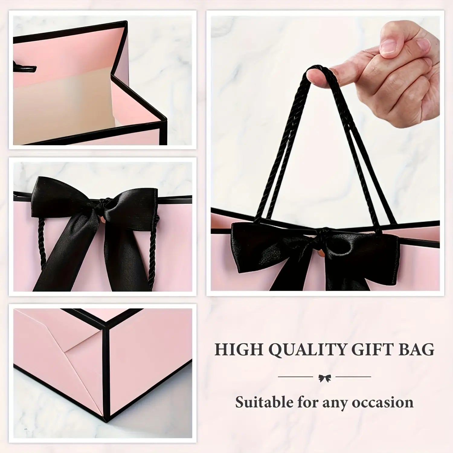 Sachet cadeau rose avec bordure noire, anses tressées et nœud en satin, présenté dans un ensemble de sachets cadeaux roses avec nœuds et cartes.
