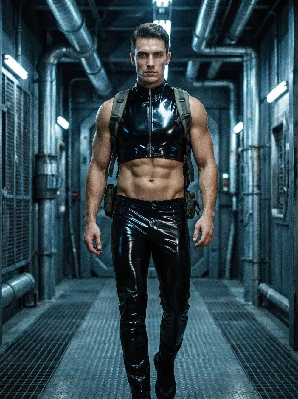 Camiseta sin mangas de apariencia húmeda de PVC para hombre en negro brillante, estilo látex tipo crop, con correas de mochila táctica y pantalones a juego, mostrados desde el lado posterior.
