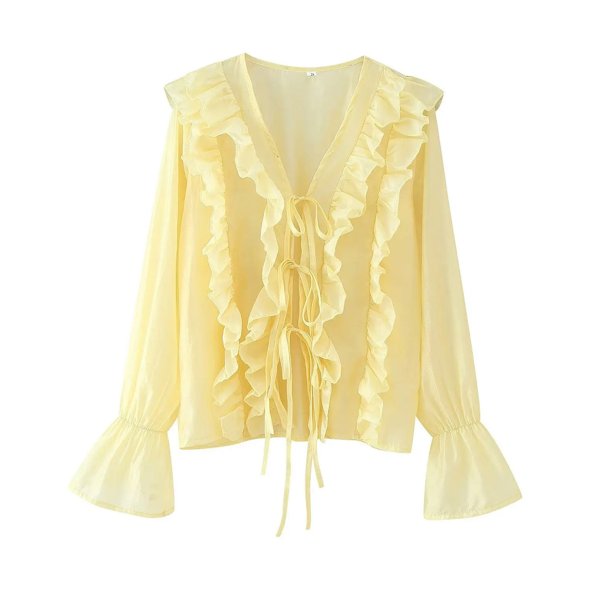 HH Woman's New Fashion Chic Blouses Yellow V-Neck Long Sleeves Bow Lace-Up Decoration Female Summer Casual Slim Shirts