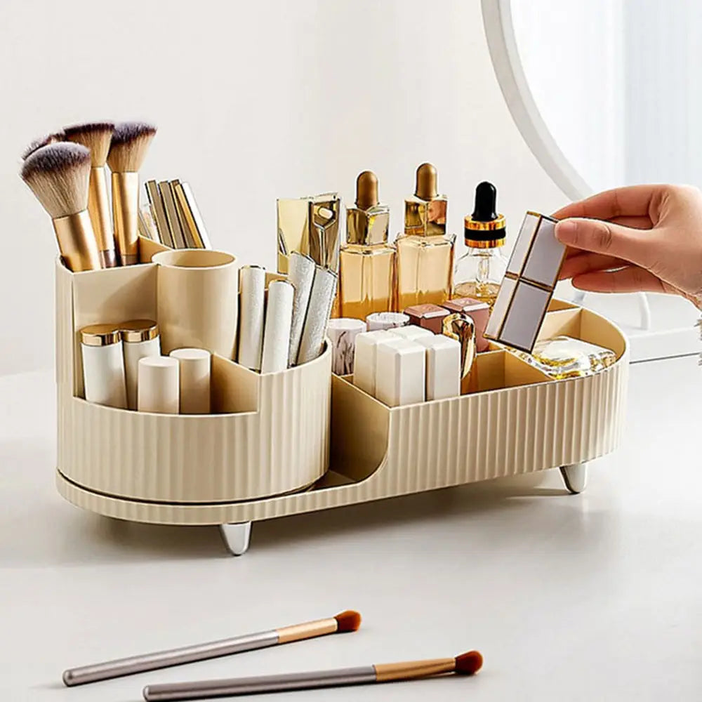 Boîte de rangement pour bureau en plastique côtelé beige, organisateur rotatif à 360 degrés avec plusieurs compartiments, pour contenir les pinceaux à maquillage, les produits de soin et les flacons de parfum.