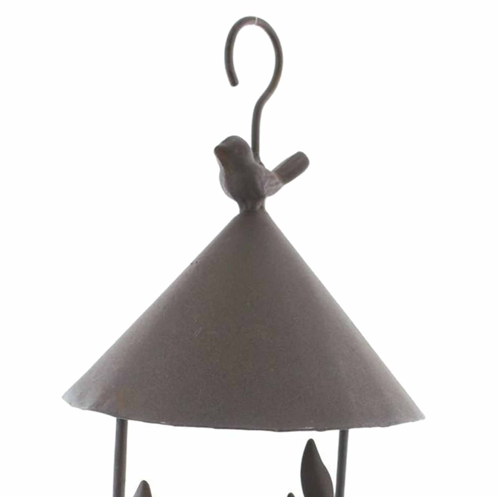 Feeder Hanging Pet Bird Feeder for Various Pet Birds Feeding Supplies Outdoor Dark gray metal bird feeder with a conical roof and a small bird perched atop the hook designed for garden outdoor use.
