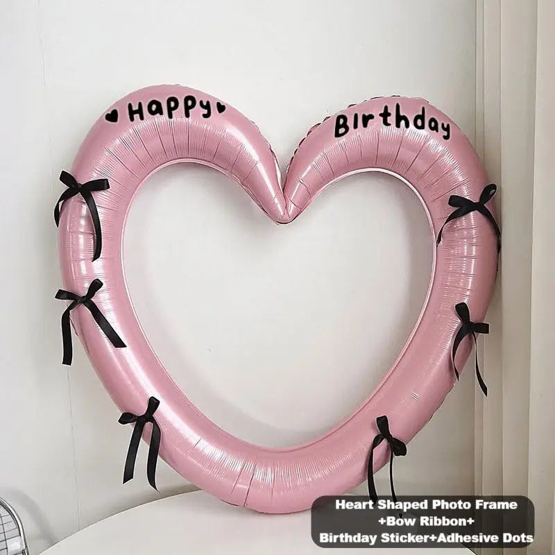 Happy Birthday Heart Photo Frame Balloon with Bowknot Stickers Girlsfriend Birthday Party Photo Props Wedding Ballon Decoration