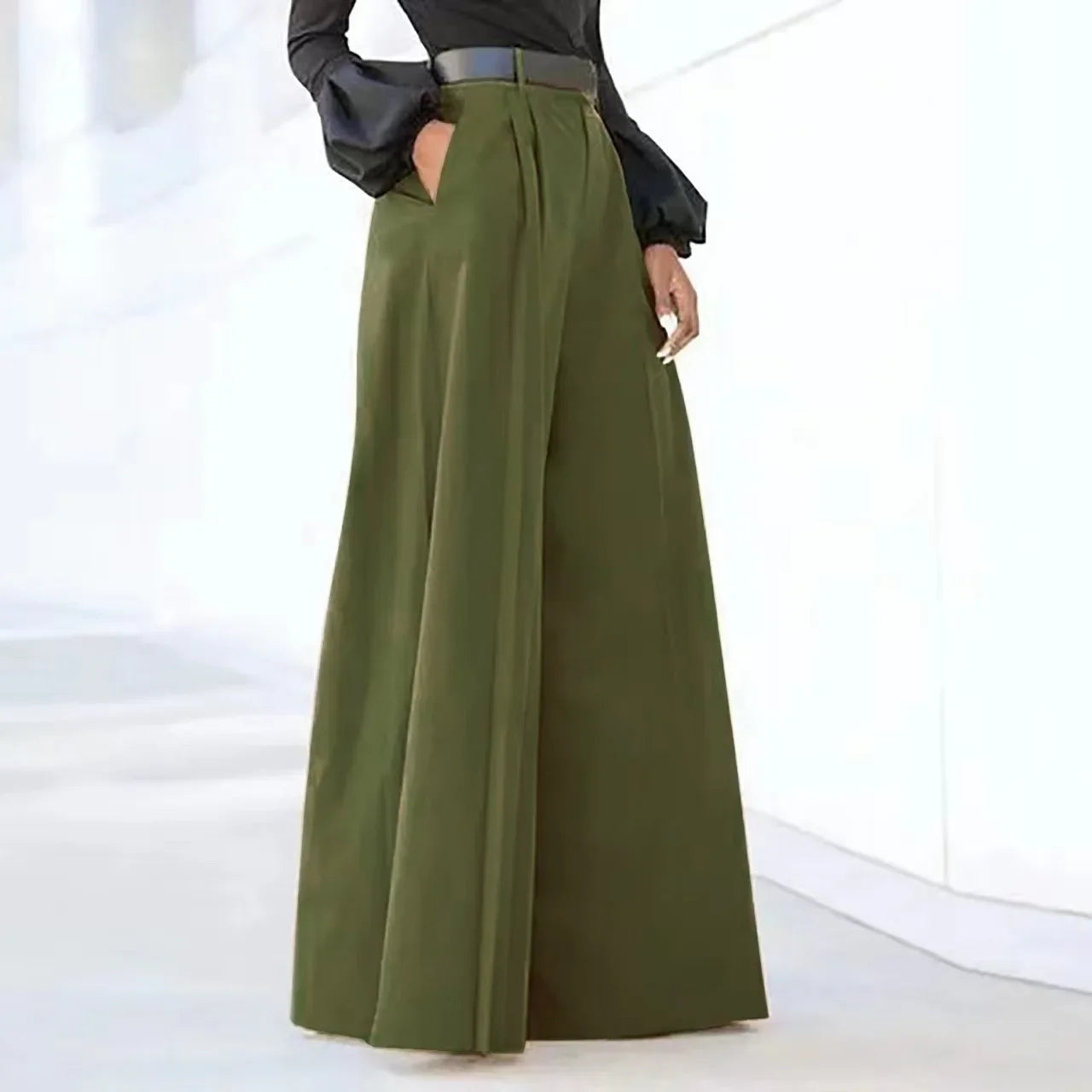 olive green wide leg trousers for women featuring a high waist and pleated front ideal for casual wear