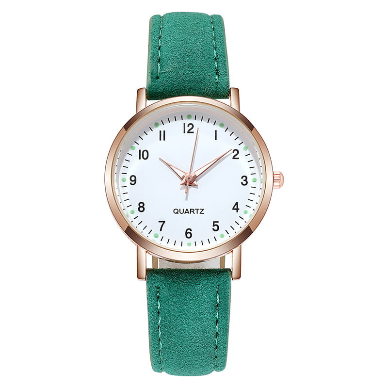 Rose gold women leather quartz watch with a delicate green suede strap and a white dial featuring black numerals in a rose gold-tone case.