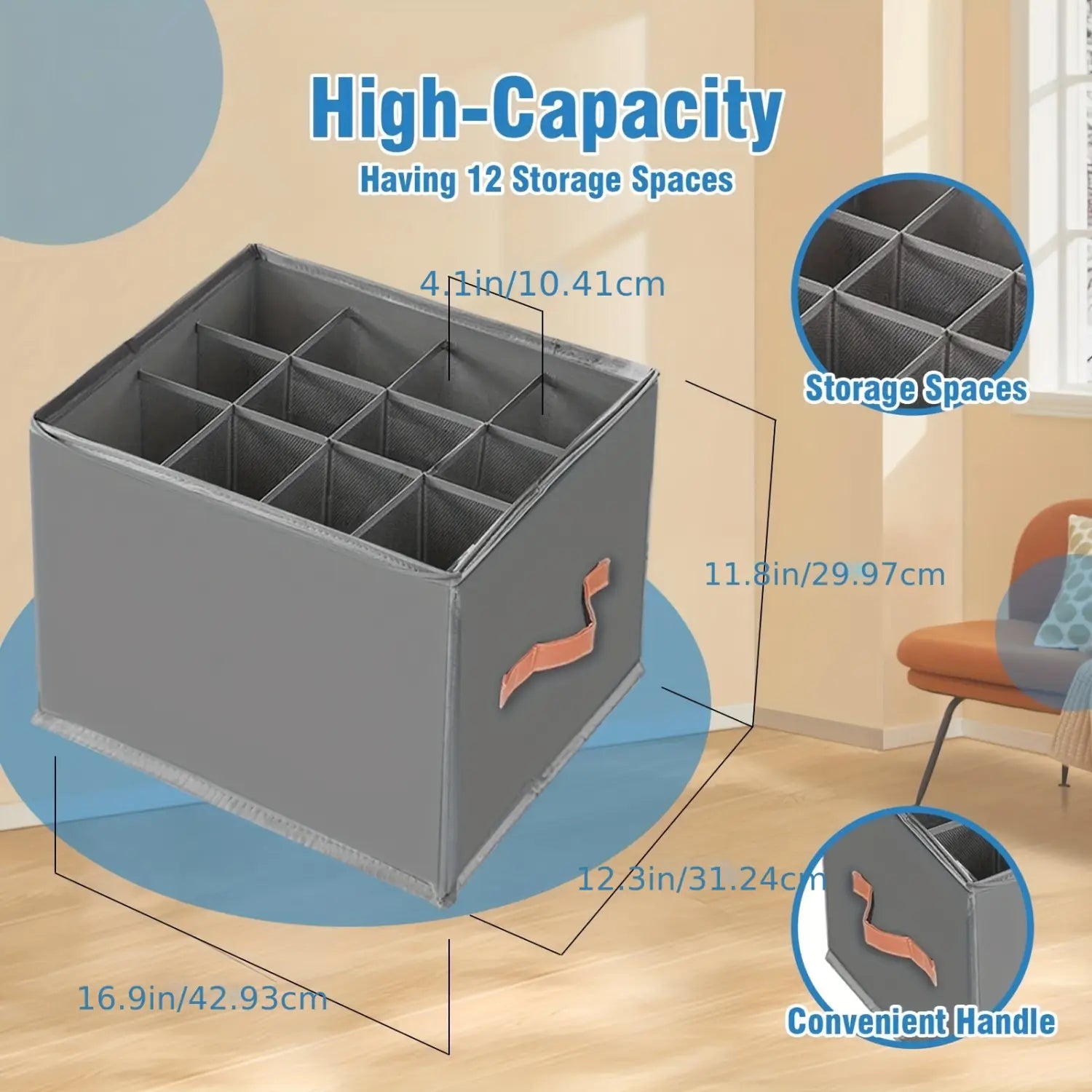 Organisateur de rangement pour chaussures en tissu d’oxford gris avec 12 compartiments en maille et une poignée pratique pour un rangement pliable des chaussures.