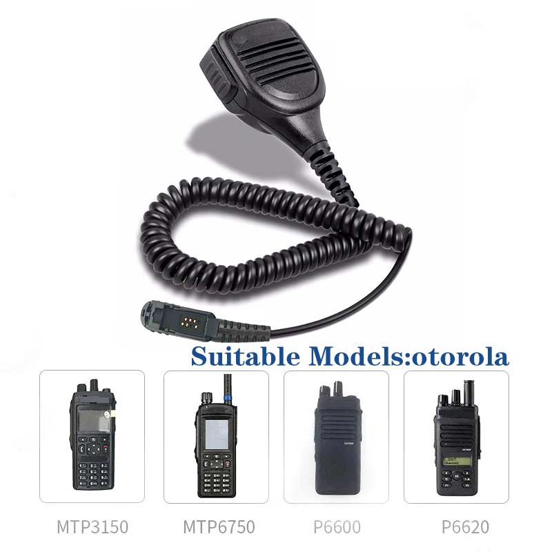 Black coiled microphone cable with rugged textured handle and connector end of Motorola PMMN4076A speaker microphone.