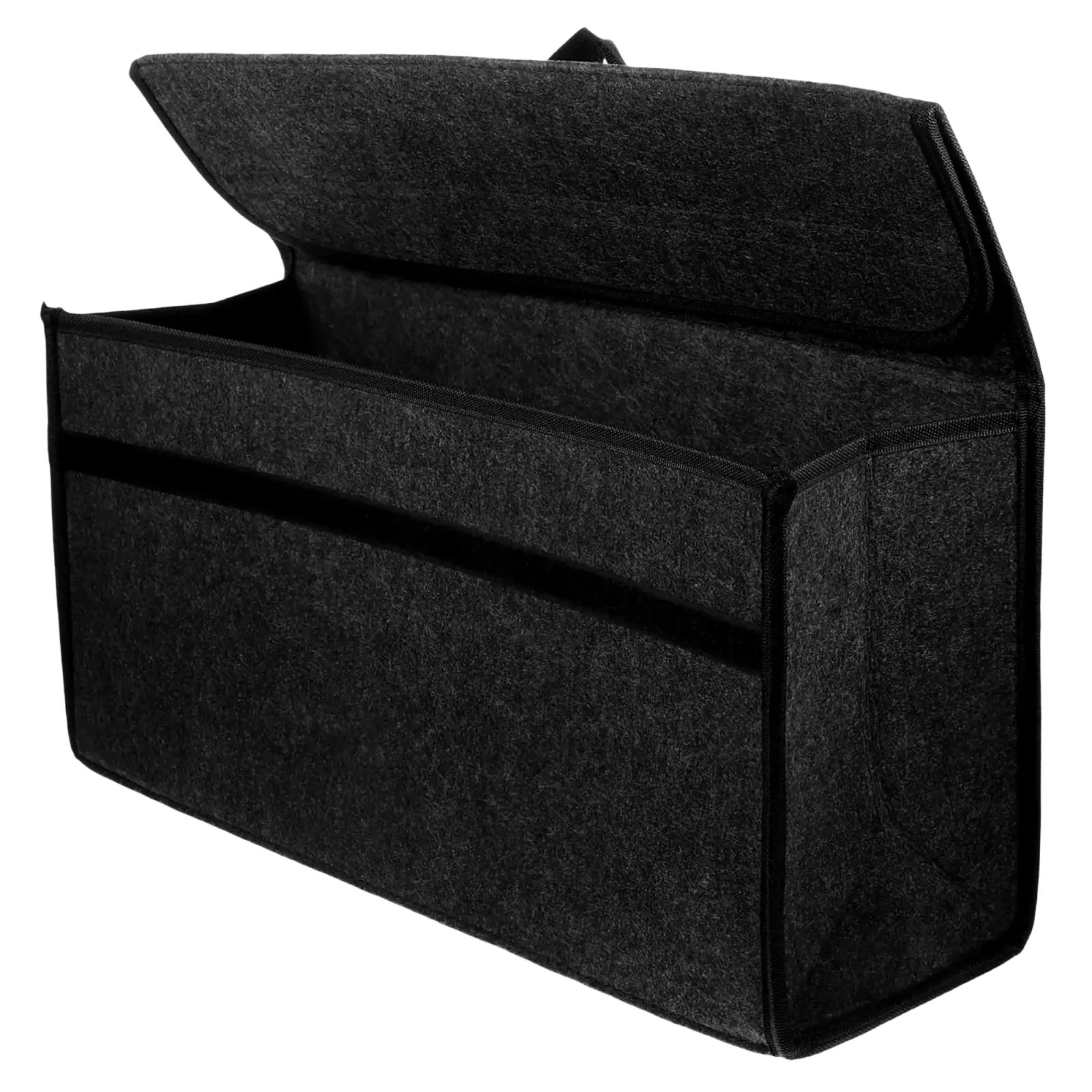 Black felt car trunk organizer storage bag with hinged lid and internal compartment 50cm x 24cm size