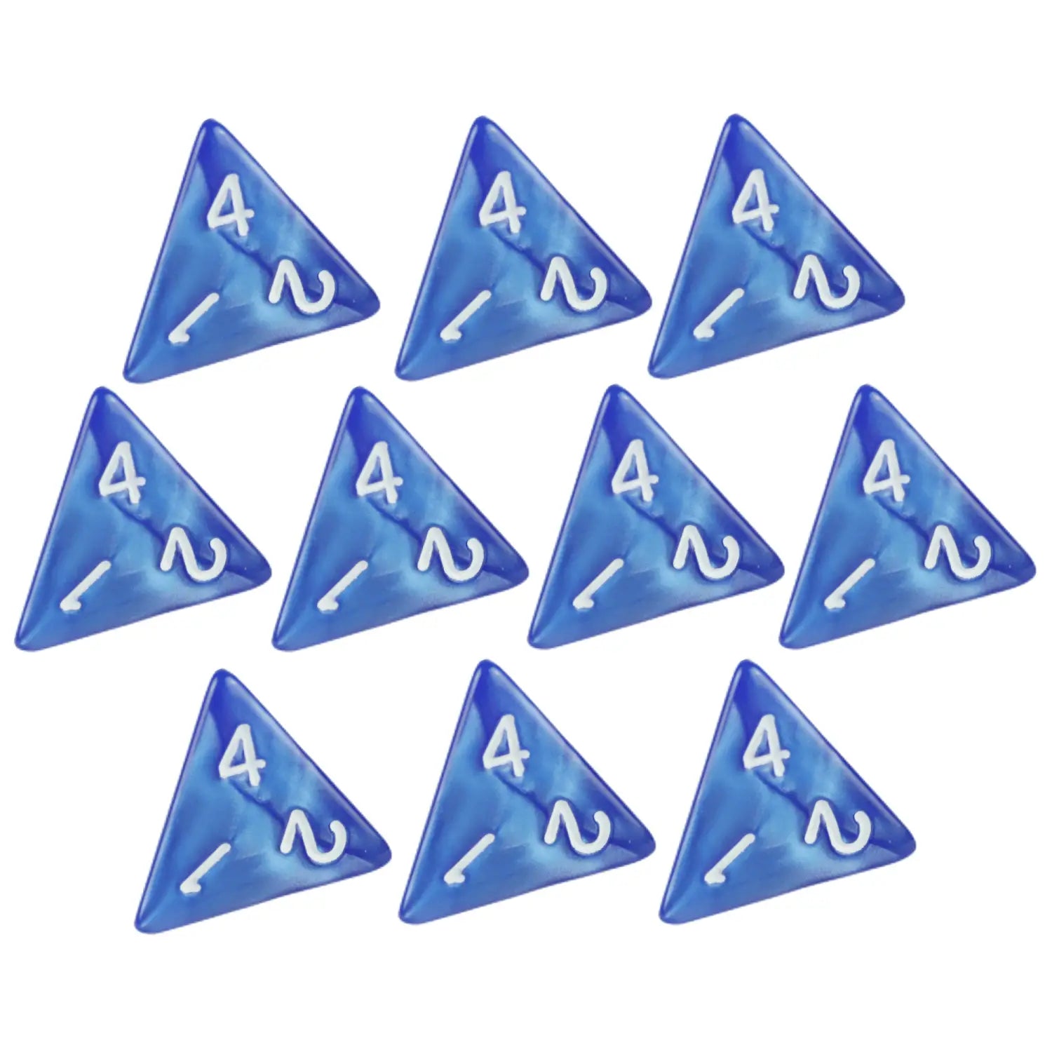 Set aus zehn durchsichtigen blauen Marmord4-Würfeln mit weißer Beschriftung für Tischspiele und Brettspiele.