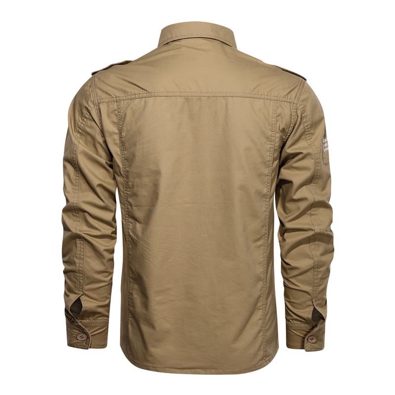 Men cotton casual long sleeve military cargo shirt in khaki color with reinforced shoulder patches and buttoned cuffs.
