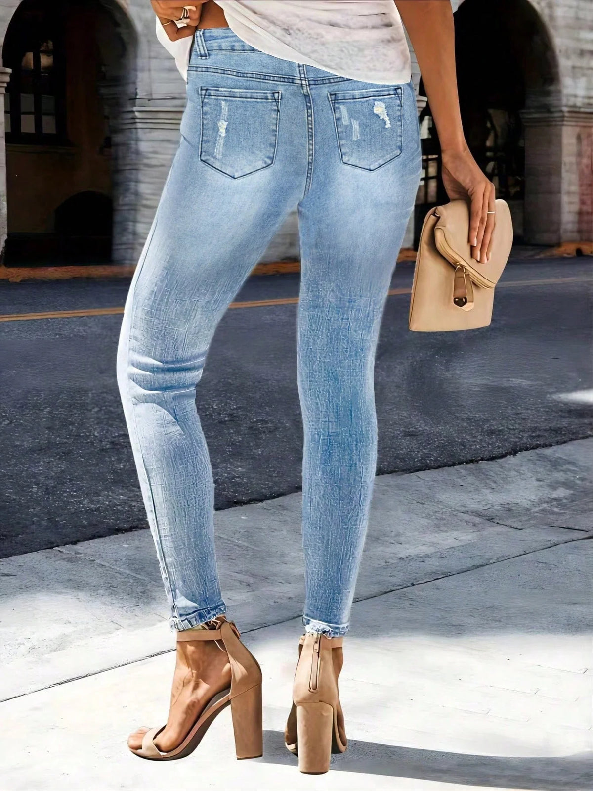 Women's Casual Elegant Party Solid Color Washed Cat Whisker Pattern Denim Ripped Skinny Jeans Tapered Pants Simple Daily Wear