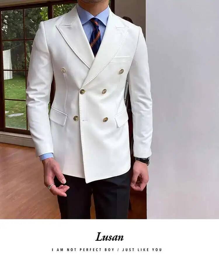 Hf9f8c1cb487748a0aee5ca6af36f82e97.jpg A crisp white slim fit double breasted blazer jacket with gold toned buttons and a tailored fit.