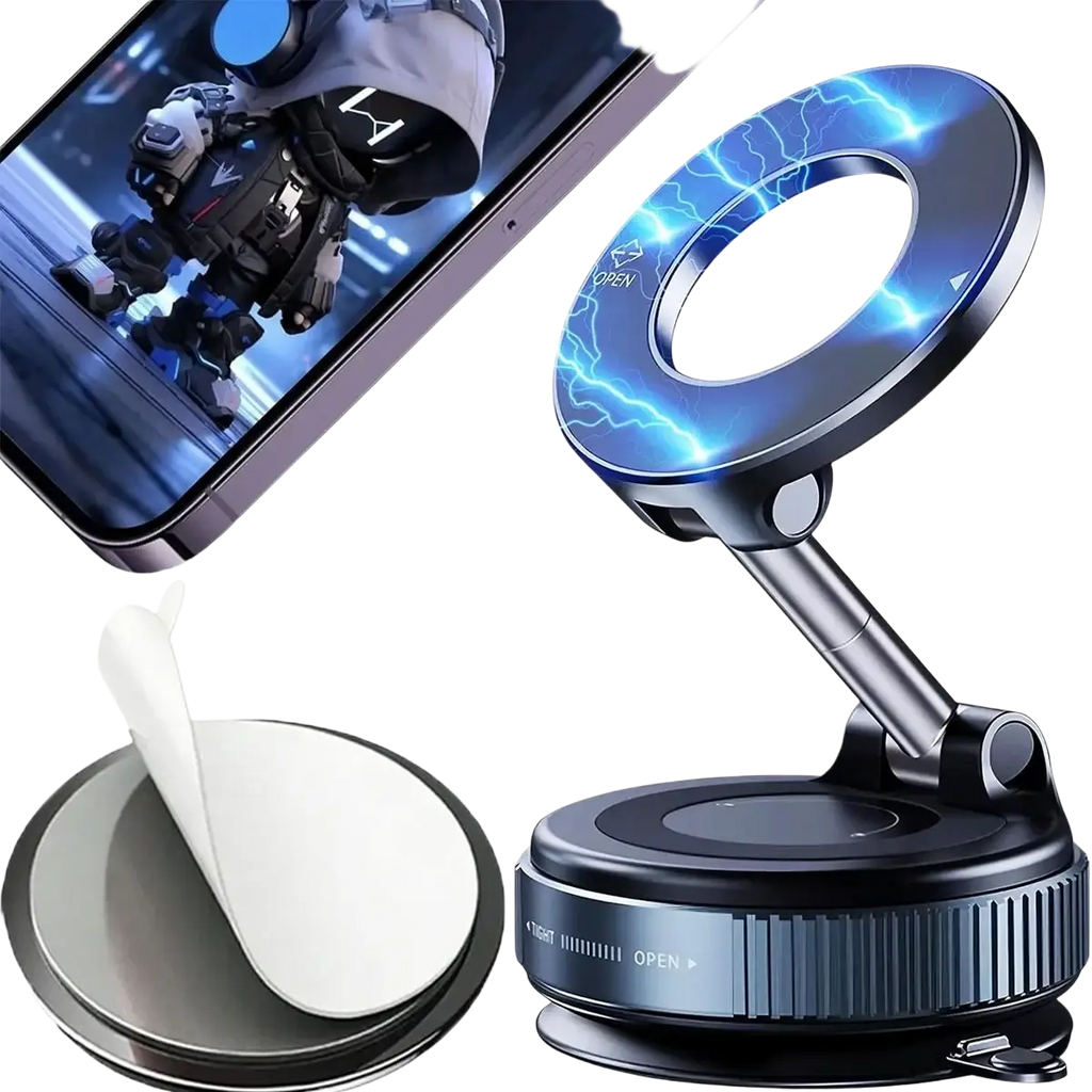 Black magnetic car phone mount with blue lightning effect ring and adjustable arm for smooth surfaces mobile phone use