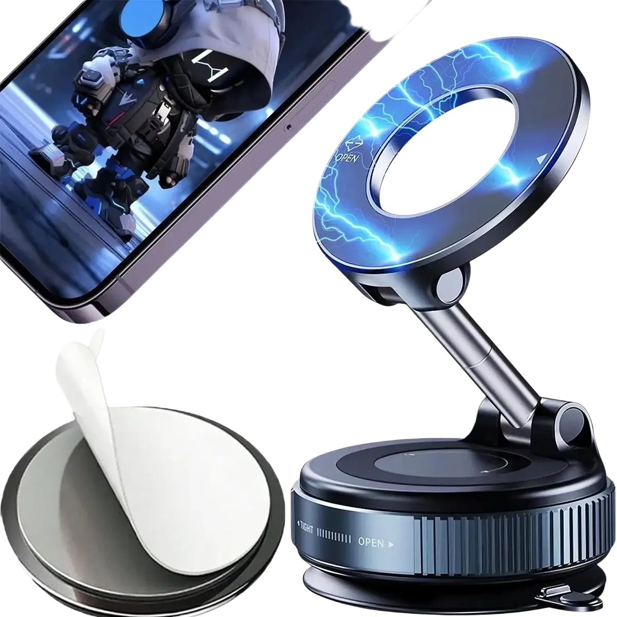 Black magnetic car phone mount with blue lightning effect ring and adjustable arm for smooth surfaces mobile phone use