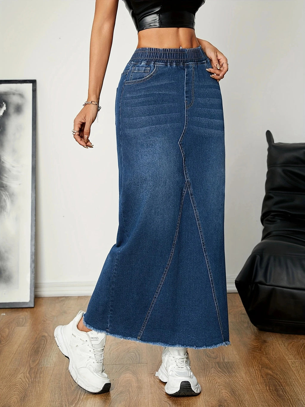 Women's Versatile Straight Leg Denim Skirt Casual Elastic Waistband Frayed Hem Stretchy Jeans Long Skirt