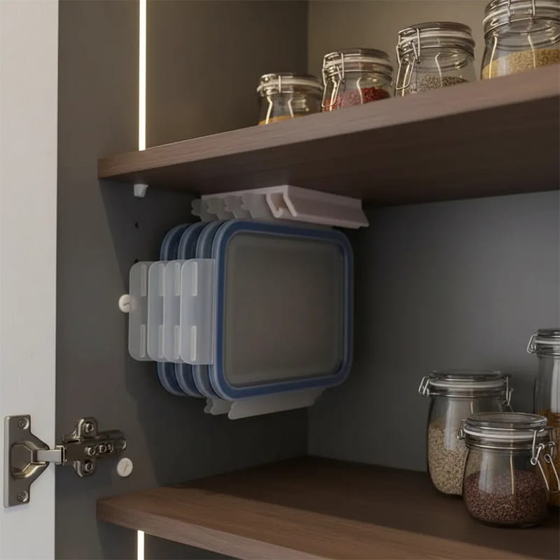 Pile de récipients de conservation des aliments en plastique translucide à couvercles bleus, disposés avec soin dans un support de couvercles de récipients de conservation des aliments en plastique et une tringle sous étagère, dans un placard.