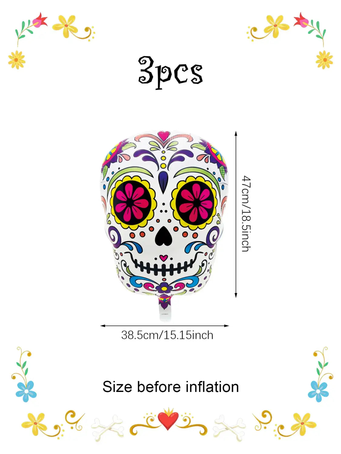 colorful flower skull foil balloon featuring an intricately designed sugar skull with vibrant floral patterns and pink flower eyes in a 3 pack set