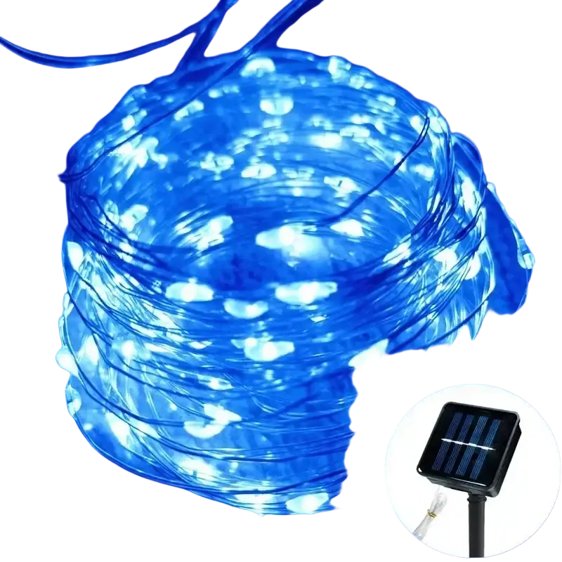 Coiled string of blue led copper wire solar garden lights with a small black solar panel for outdoor decoration