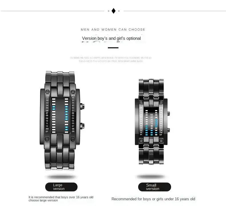 Black binary led stainless steel waterproof men watch with a sleek rectangular face and segmented blue led time display.