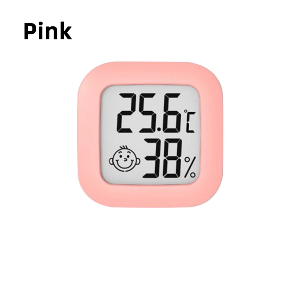 Pink square digital thermometer and hygrometer room sensor with a smiling face icon designed for accurate temperature and humidity measurement range.