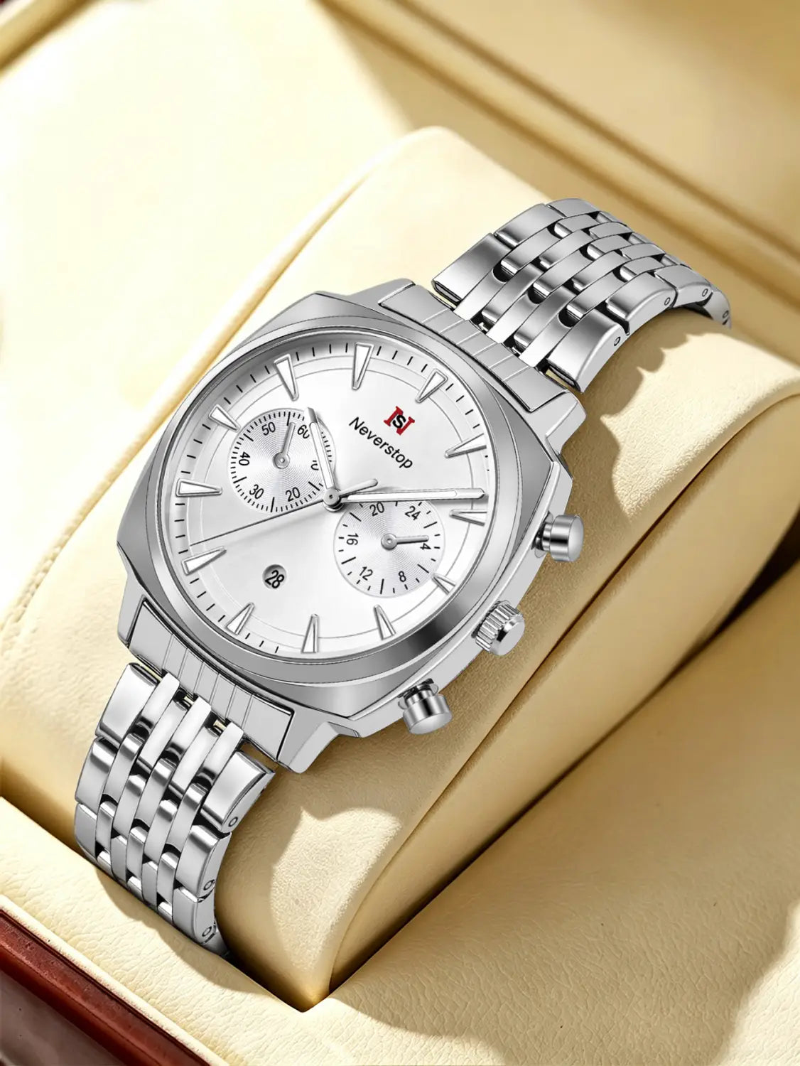 Men’s stainless steel chronograph watch in silver tone with a white dial featuring three sub-dials and the neverstop brand logo.