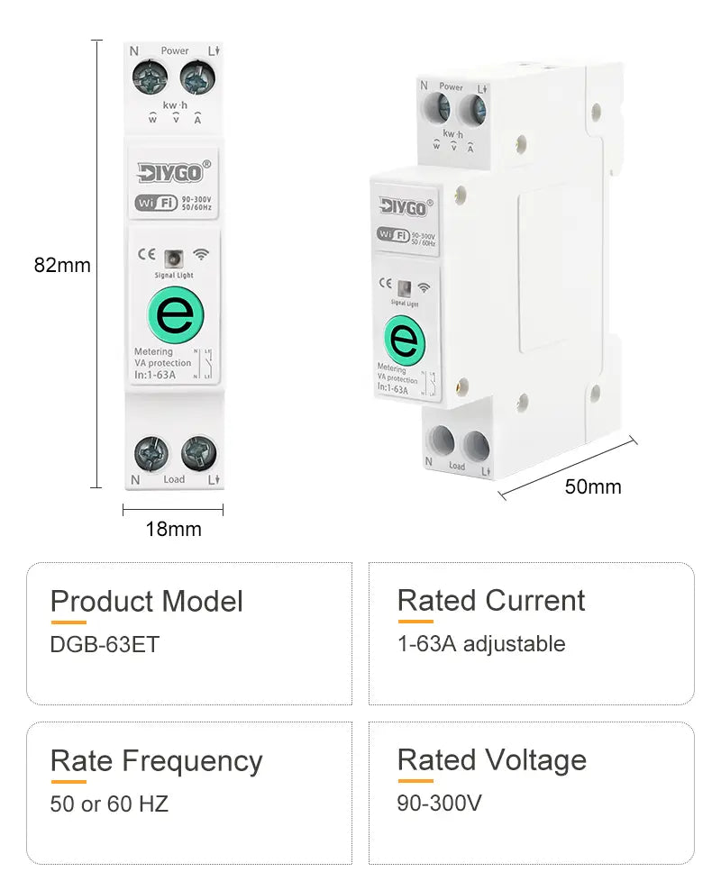 Weißer Kunststoff-DIYGo DGB-63ET Smart-Elektrizitätszähler mit grünem rundem Anzeigeleuchtensymbol und beschrifteten Angaben zu Spannung und Strom, ausgelegt für Anwendungen mit Live-Leitung und Zeitsteuerrelais im DGB-63E WLAN-Smart-Leistungsschutzschalter.