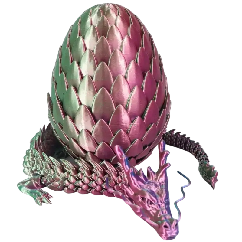 A metallic 3D printed dragon egg with iridescent pink green scales and a detailed dragon head for home decoration