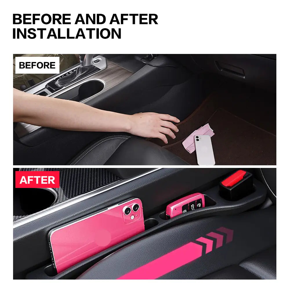 Combleur d’espace pour siège de voiture rose, lot de 2, organisateur de console en caoutchouc avec texture aspect fibre de carbone et motif de flèches directionnelles.