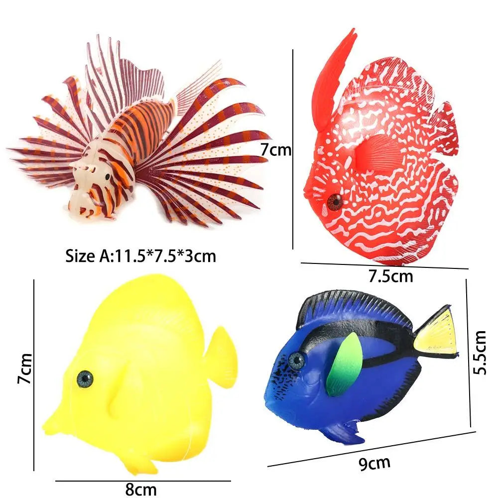 Eine farbenfrohe künstliche Silikon-Aquarienzierde mit einer Auswahl bunter Kunststoff-Fischfiguren zur dekorativen Verwendung in Aquarien.