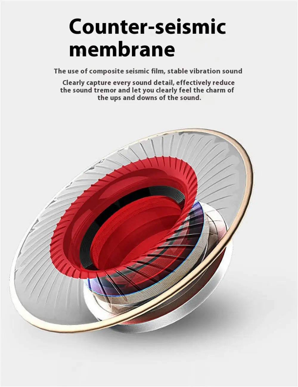 a sleek circular counter-seismic membrane with a vibrant red center and metallic silver outer ring designed for wired in-ear headphones delivering bass stereo sound for mobile phone use