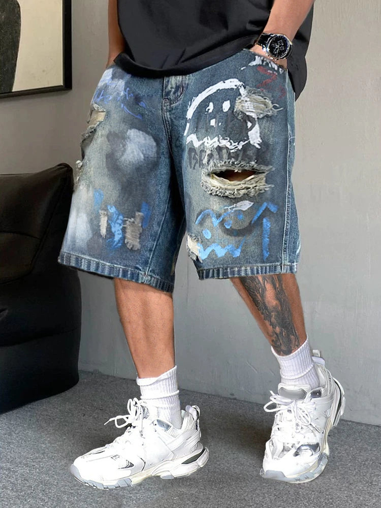2026New Men Vintage Washed Denim Shorts Smiley Graffiti Distressed Ripped Jeans Shorts Street Fashion Casual Knee Length Bottoms