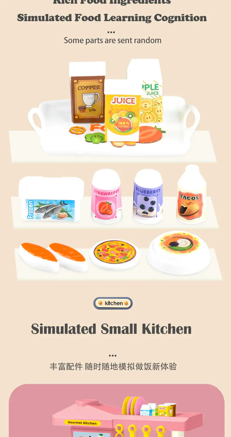 Rosa Spielküchen-Set mit Miniatur-Lebensmitteln und Geräten für Kinder als Spielküchenzubehörset