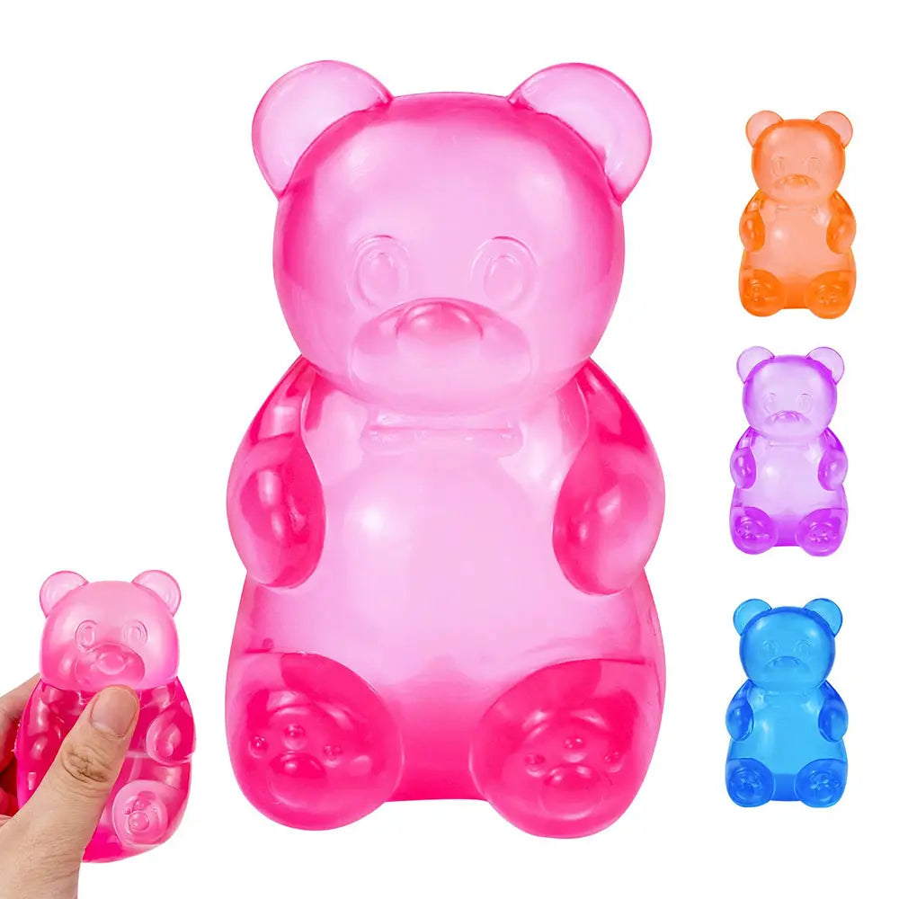 A translucent pink gummy bear sensory fidget toy with a glossy jelly-like finish designed as a stress reliever.