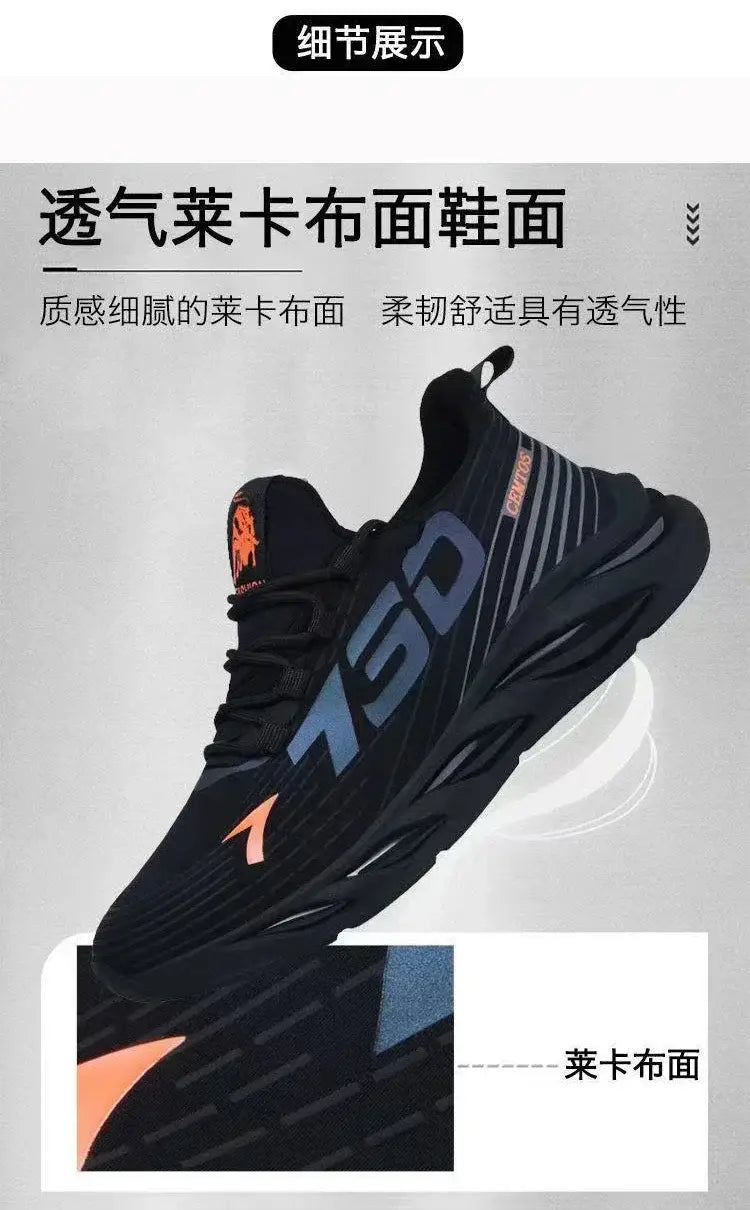 Chaussures de sport décontractées à enfiler pour hommes, respirantes, avec tige en toile noire, marquage 750 audacieux, avec touches bleu marine et orange, conçues pour la course.