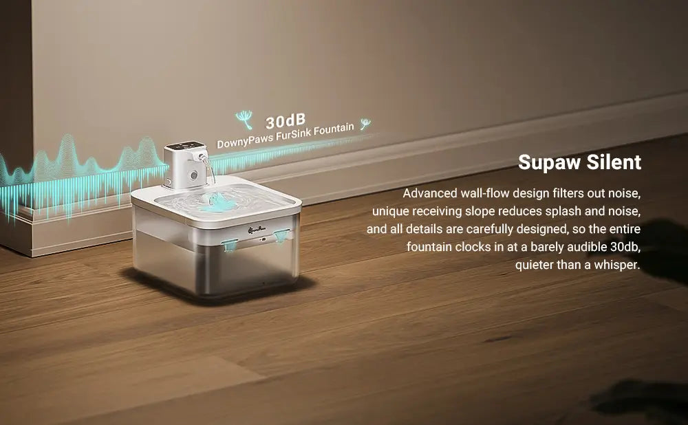 Downypaws supaw silent fur sink pet water fountain with a sleek white and transparent design features a quiet 30db operation and a 2.5l wireless motion sensor water dispenser.