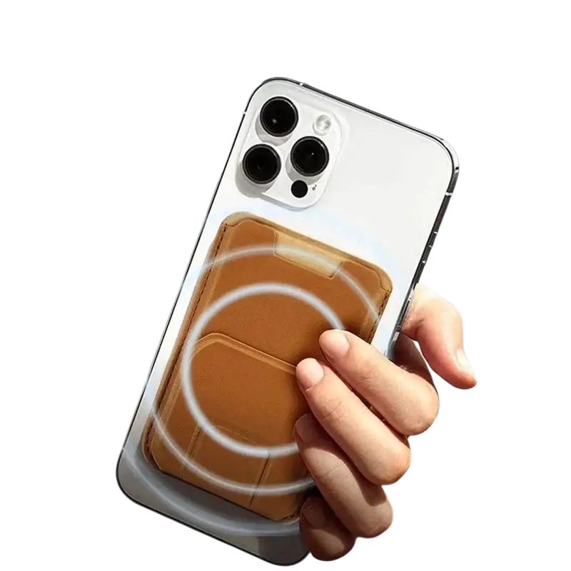 Tan leather phone card holder with magnetic backing attached to a white iphone 15 for stand phone card use