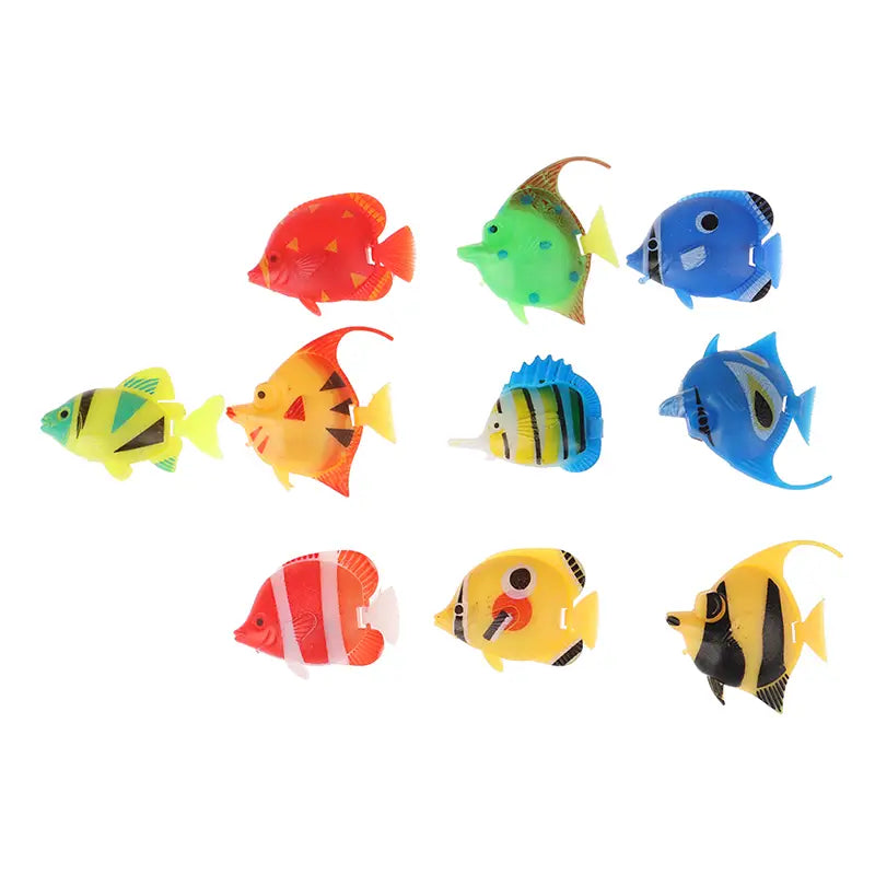 A set of colorful plastic floating fish aquarium fish figurines in various vibrant patterns and designs for aquarium decor.