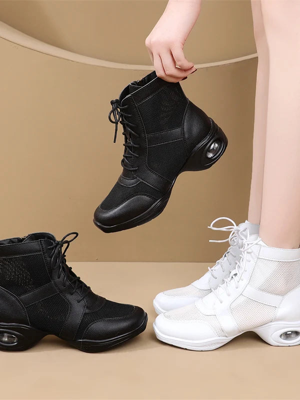 Women's Dancing Shoes Soft Bottom Leather mid Heel Black Mesh Breathable Square Dance Shoes Jazz Sailor Dance Footwear