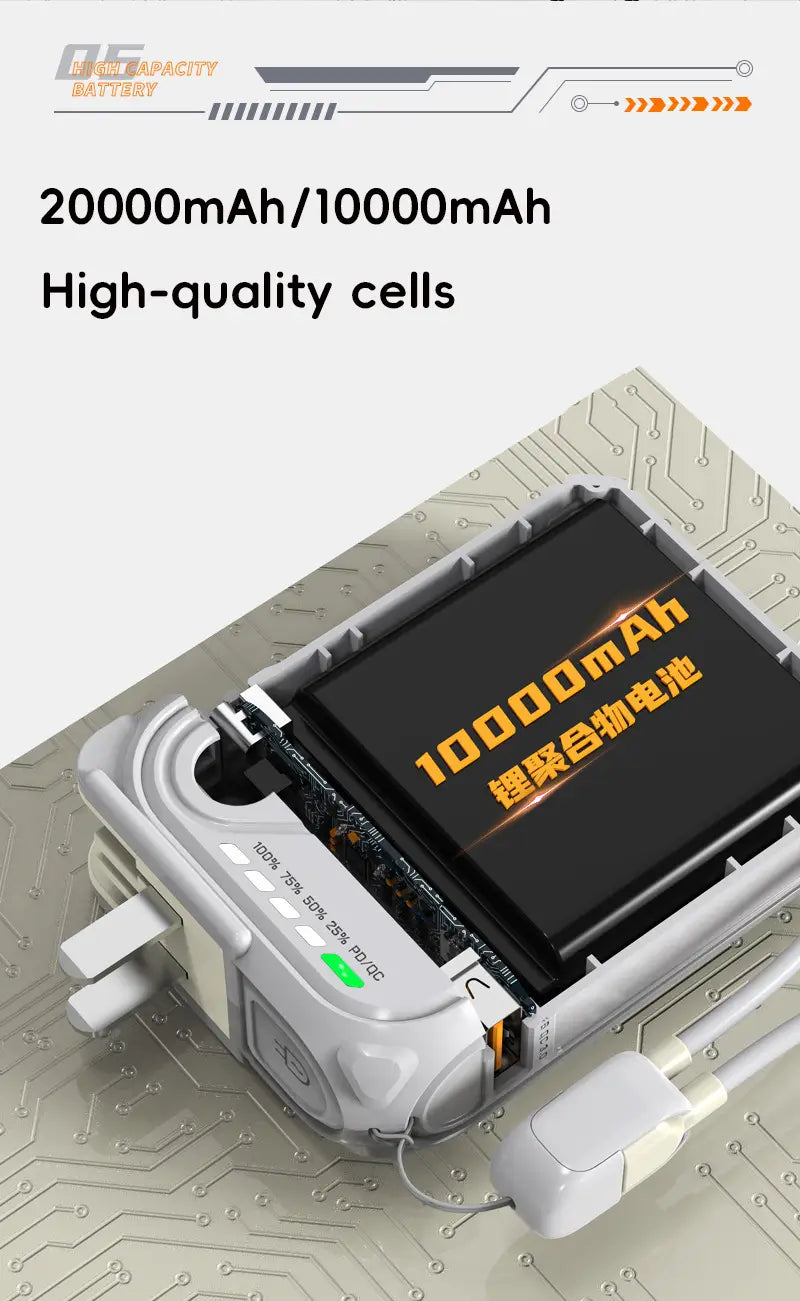 a sleek white and gray magnetic power bank with a black internal cell labeled 10000mah in orange text showcasing the fast wireless charger and high-capacity battery feature