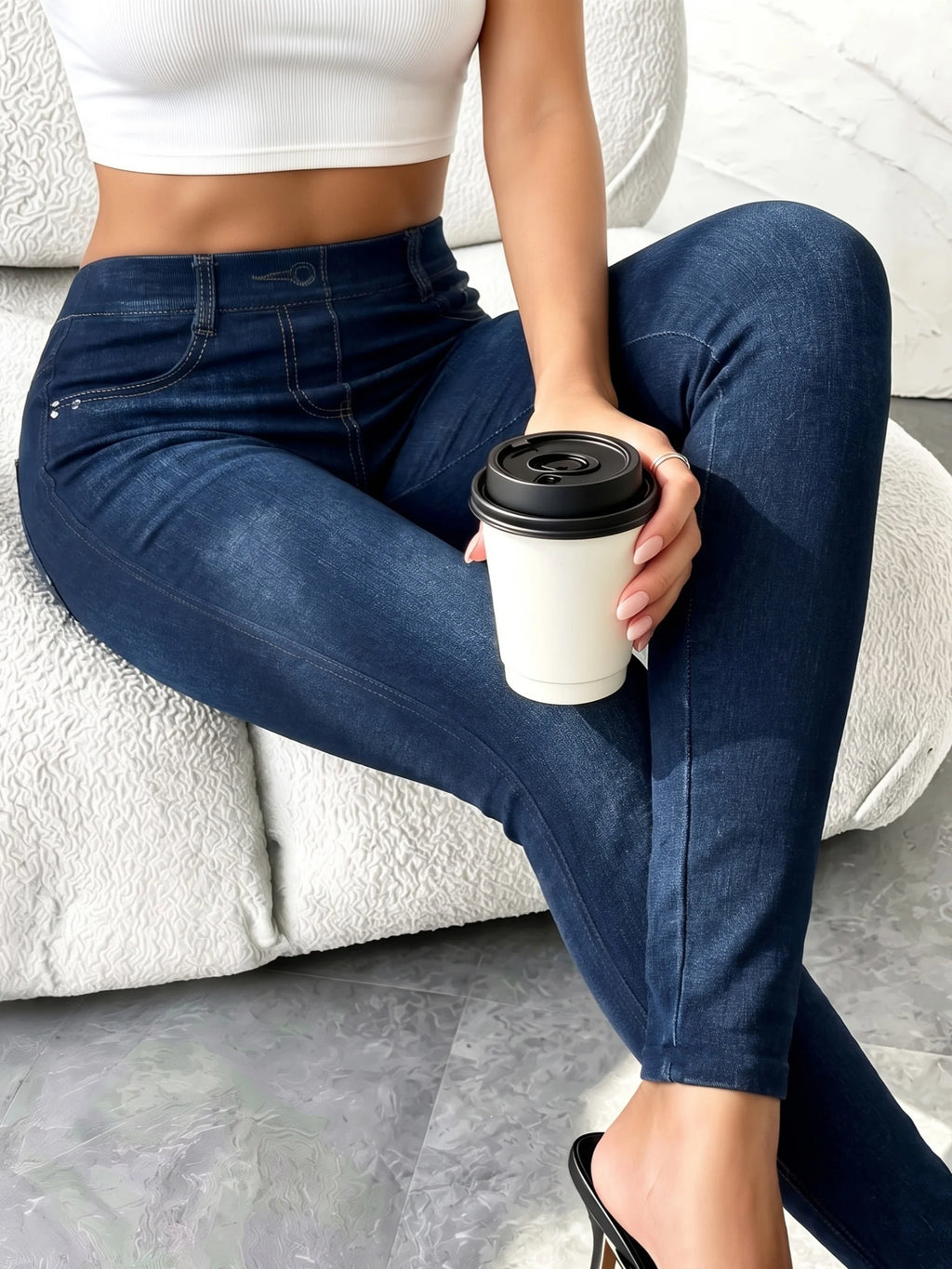 Women's Washed Blue Faux Denim Ankle Leggings High Stretch Pants for Jogging Light Hikes Low-Impact Fitness Daily Wear