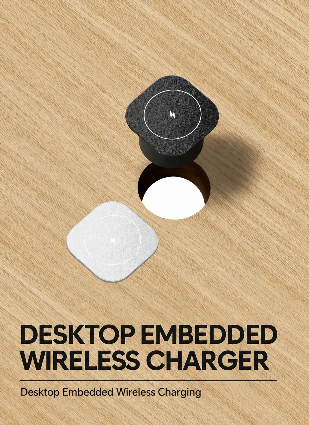 Black and silver square embedded wireless desktop chargers 15w with circular lightning bolt symbols on top.