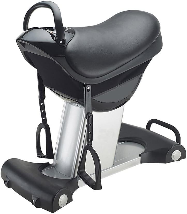 black leather saddle mounted on a silver metal stand with adjustable footrests and handlebars for horse riding exercise machine fitness equipment.